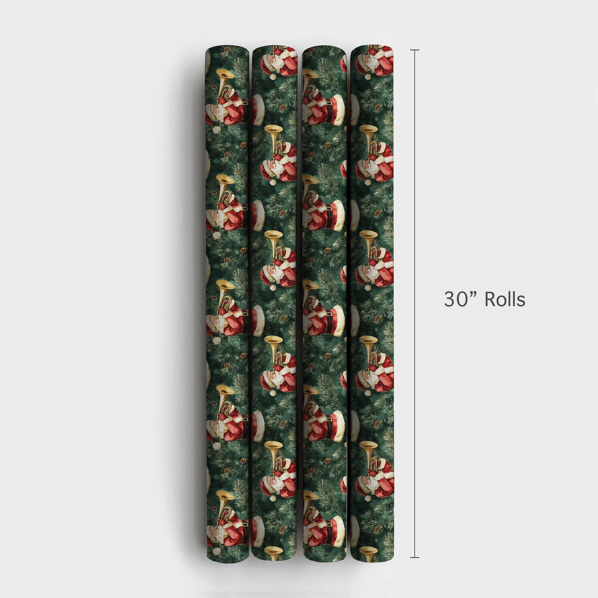 Musical Christmas Gift Wrap, Vintage Santa Trumpet Wrapping Paper, Pine Branch Holiday Present Paper, Dark Green Xmas Gift Wr