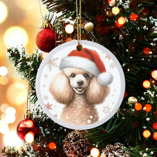 Santa Hat Dog Tree Ornament, Poodle Christmas Ceramic Ornament, Adorable Puppy Holiday Ornament, Winter Pet Keepsake, Dog Lov