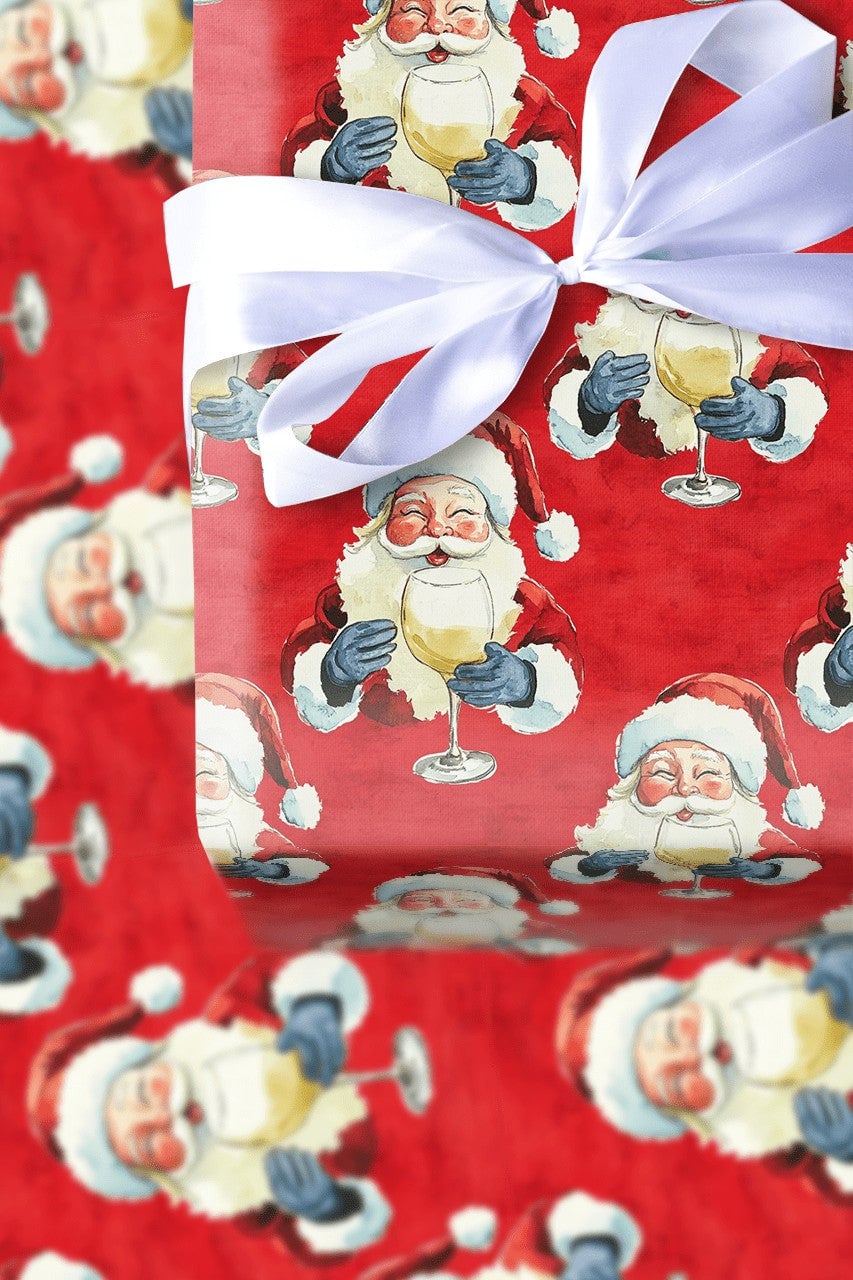 Humorous Red Christmas Gift Wrap, Santa Drinking White Wine Wrapping Paper, Jolly Santa Wine Lover Wrapping Paper, Holiday Pa