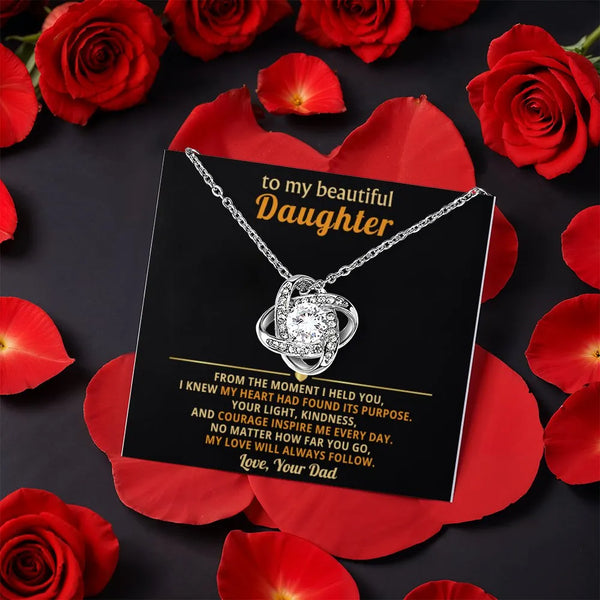CZ Crystal Love Knot Pendant, Daughter Love Knot Necklace, Gold Finish Love Knot Necklace, Daughter Christmas Present, Rose B