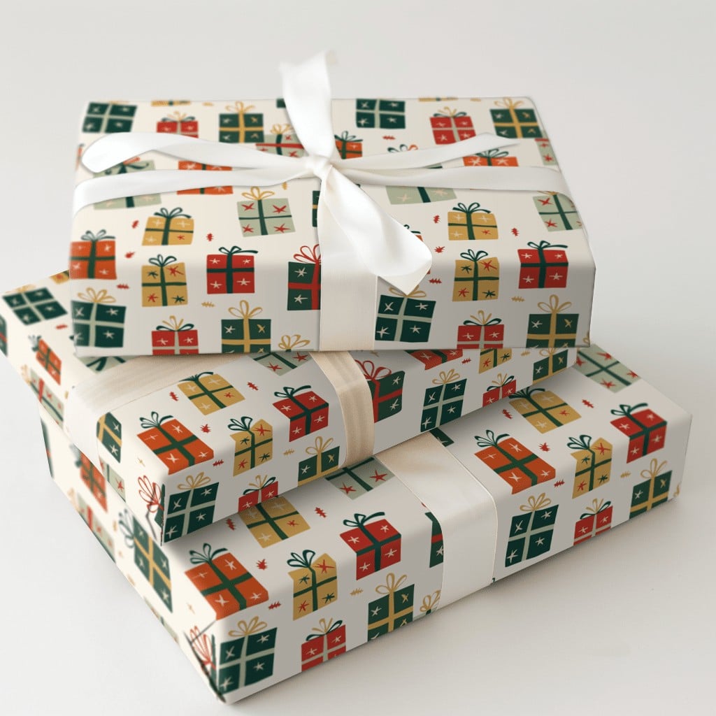 Whimsical Gift Box Wrap, Colorful Present Wrapping Paper, Retro Christmas Boxes Wrapping Paper, Festive Winter Holiday Wrappi
