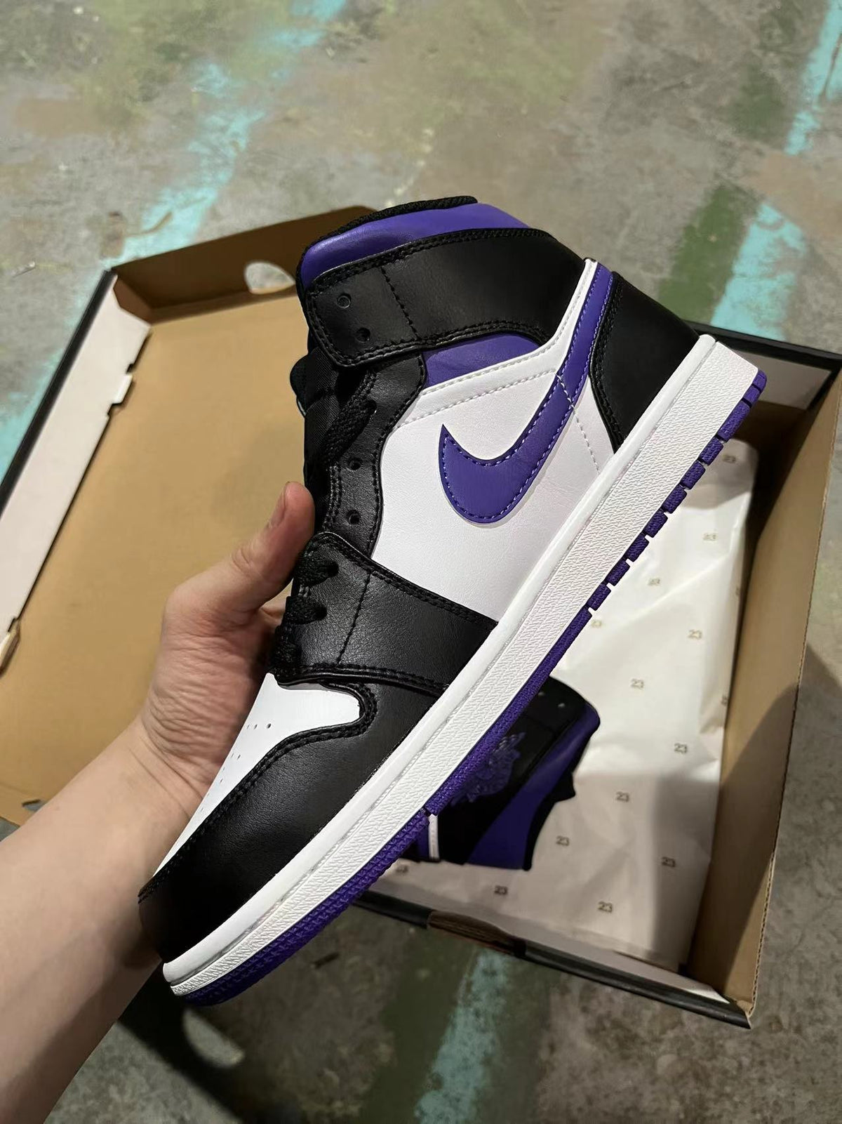Mid Top Sneakers, White Black Purple Colorway, Lace Up Design, Casual Gift for Sneaker Fans