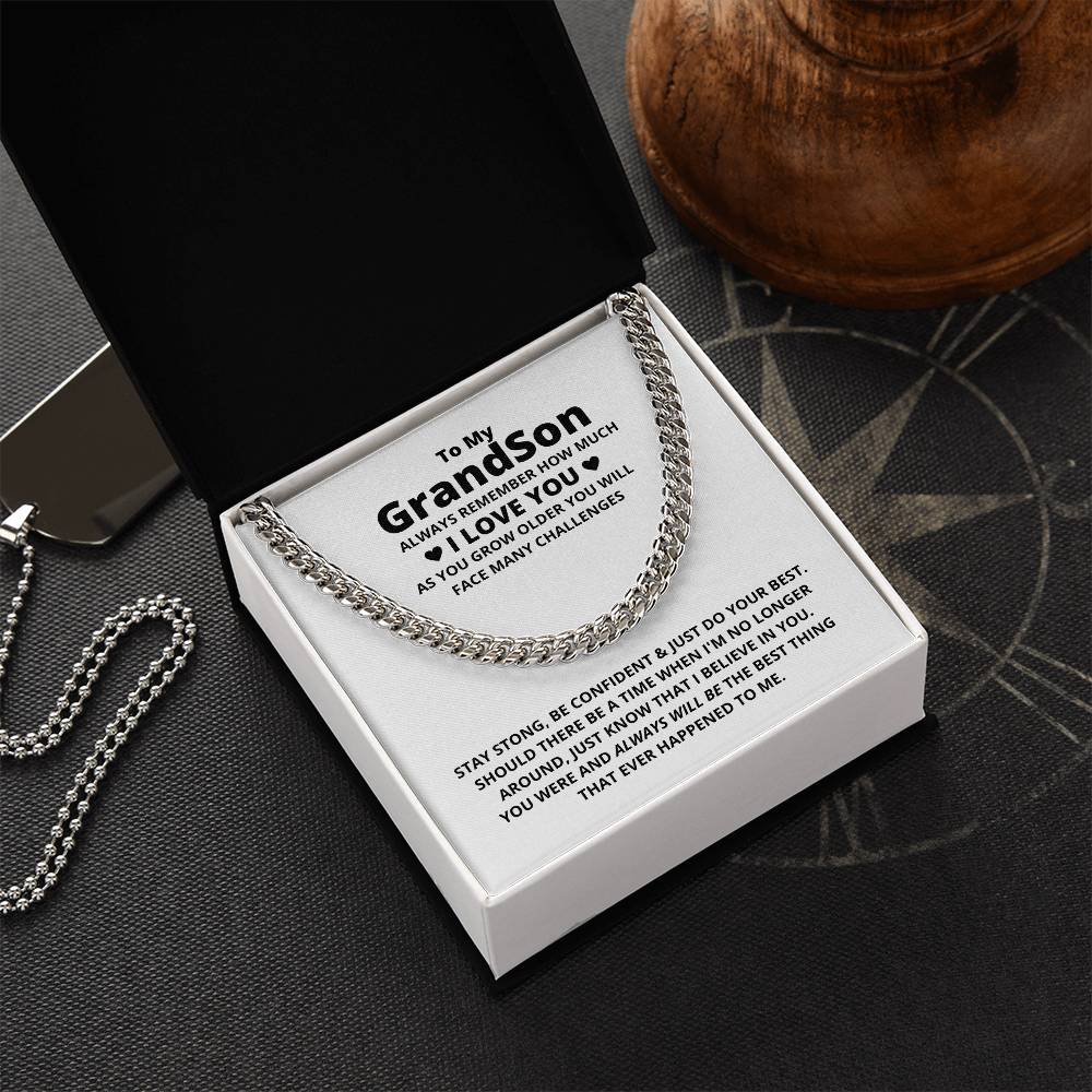 Mens Cuban Link Chain, Grandson Cuban Link Chain Necklace, Steel Cuban Link Necklace, Message Card Jewelry, Birthday Christma