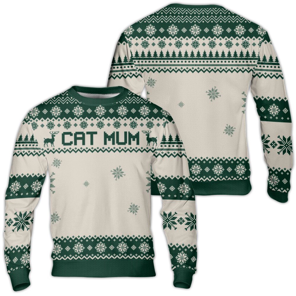 Reindeer Snowflake Ugly Sweater, Cat Mum Ugly Christmas Sweater, Fair Isle Holiday Sweatshirt, Humorous Cat Lover Pullover Cr