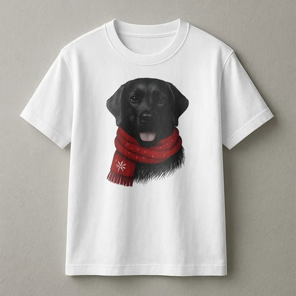 Adorable Dog in Red Scarf Graphic Tee, Black Labrador Christmas T-Shirt, Black Lab Holiday Dog Lover Shirt, Winter Xmas Dog O