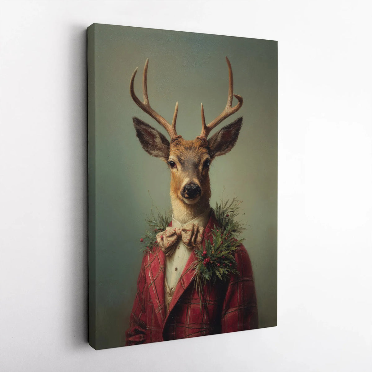 Vintage Christmas Buck Portrait Print, Dapper Deer Red Plaid Suit Canvas Wall Art, Rustic Holiday Lodge Decor, Winter Cabin P