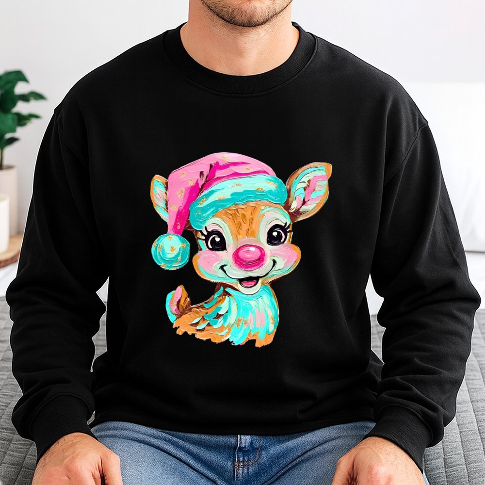 Brushstroke Holiday Crewneck, Retro Reindeer Christmas Sweatshirt, Colorful Deer Graphic Pullover, Merry Xmas Season Comfy Sw
