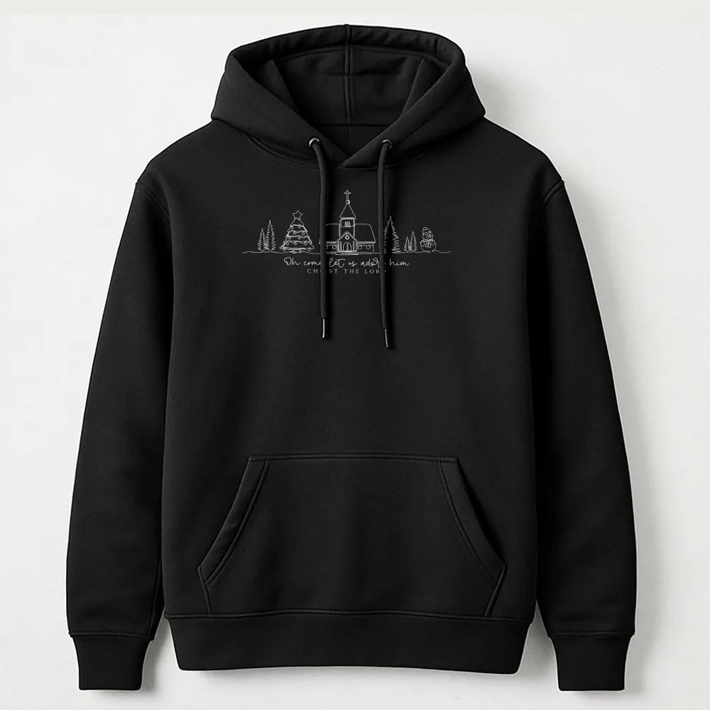 Minimalist Christian Christmas Hoodie, Oh Come Let Us Adore Him Hoodie, Line Art Faith Holiday Pullover, Nativity Religious C