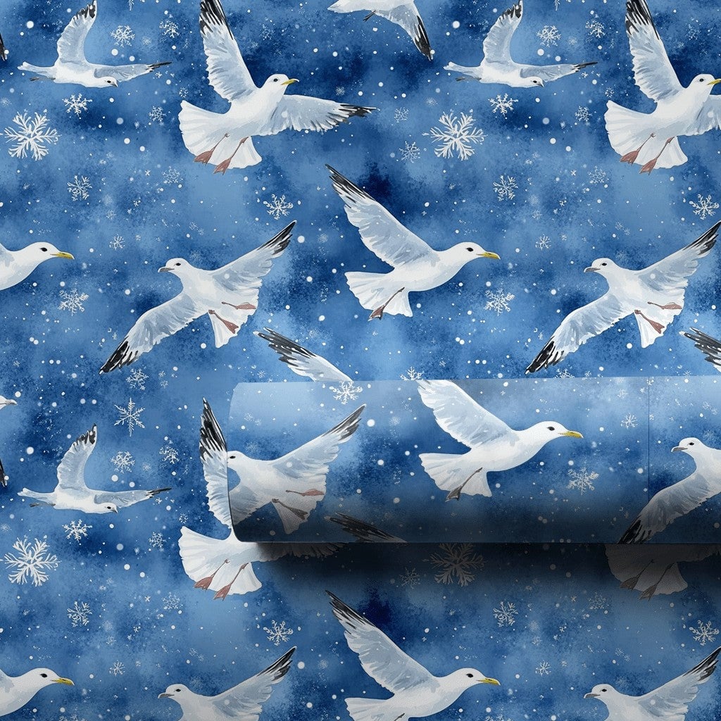 Winter Seagull Snowflake Gift Wrap, Coastal Christmas Wrapping Paper, Watercolor Nautical Wrapping Paper, Beach Holiday Xmas 
