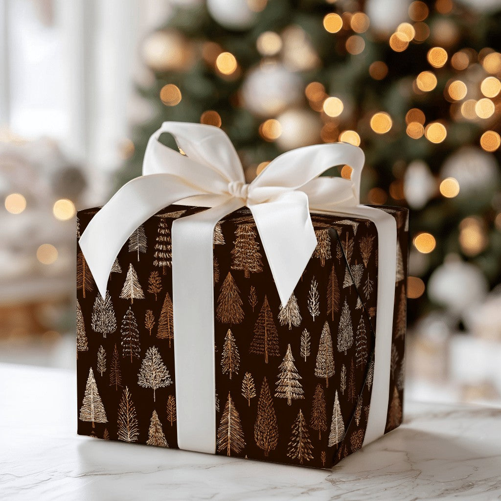 Hand-Drawn Winter Gift Wrap, Rustic Pine Tree Forest Wrapping Paper, Evergreen Tree Wrapping Paper Roll, Comfy Woodland Chris
