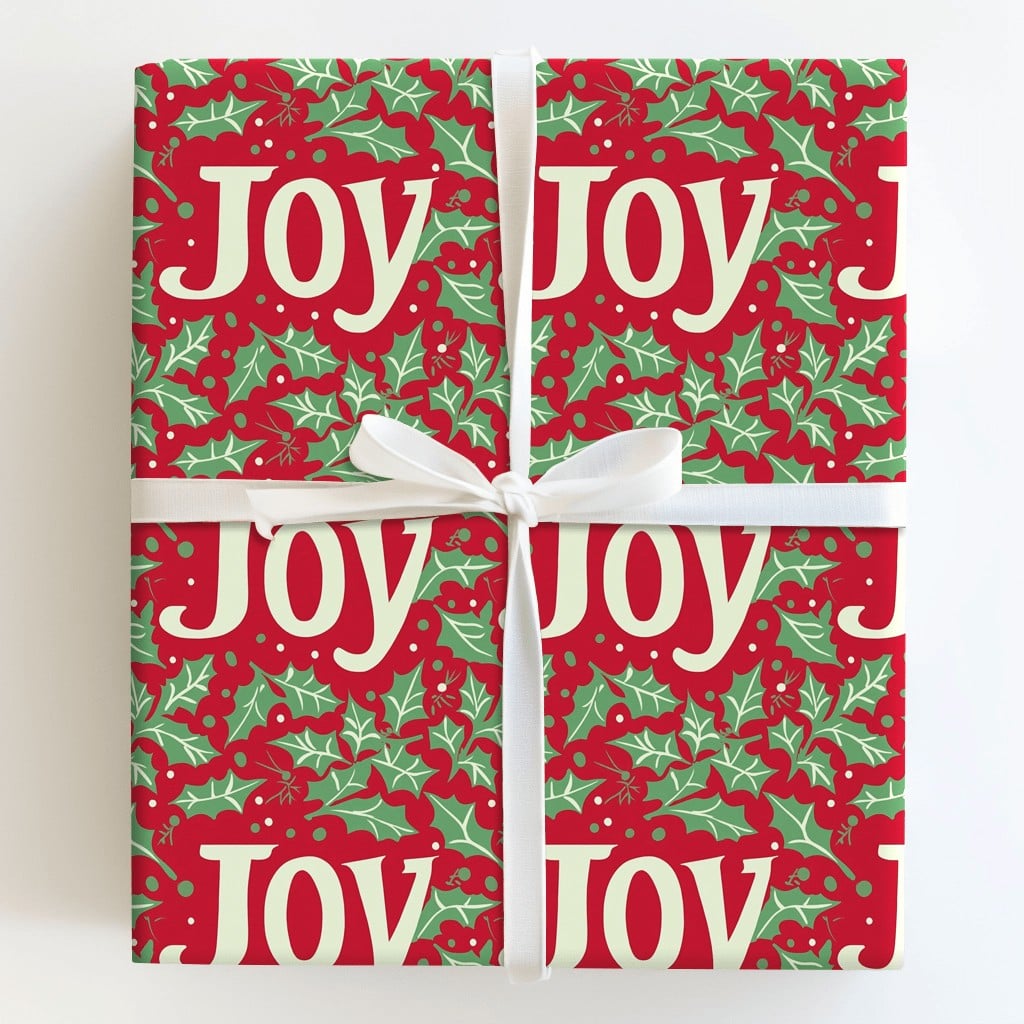 Red Holly Berry Gift Wrap, JOY Christmas Wrapping Paper, Festive Holiday Wrapping Paper, Xmas Gift Wrap Roll, Winter Present 