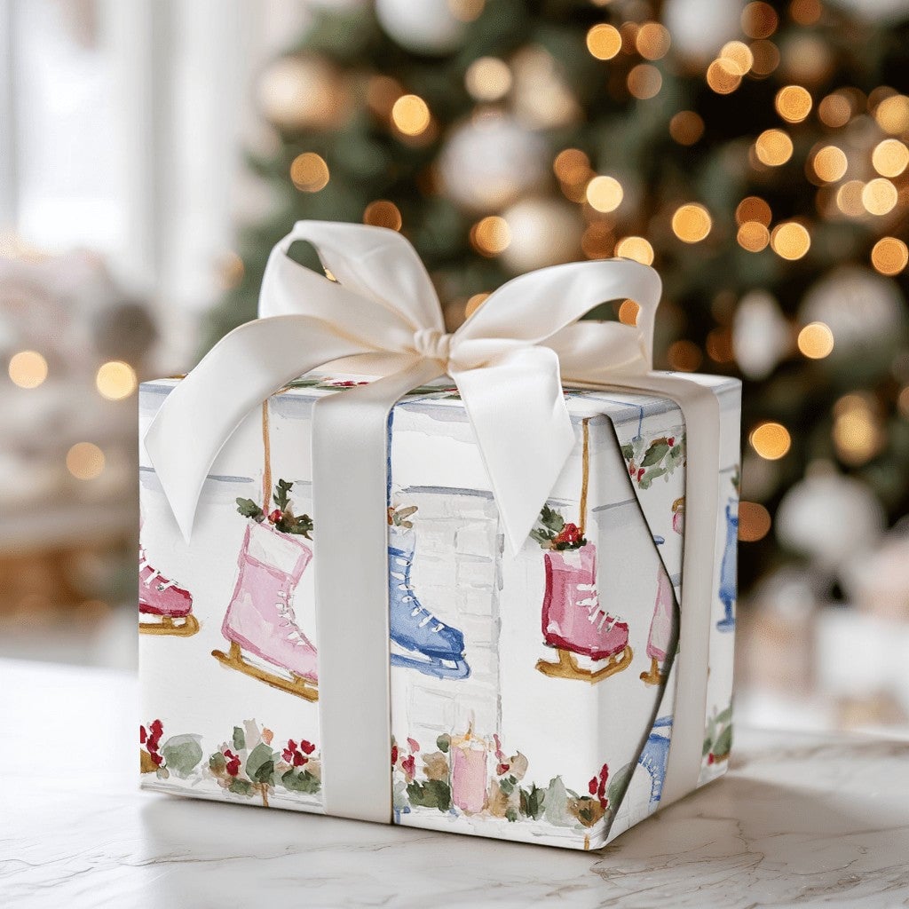 Fireplace Mantel Gift Wrap, Ice Skate Christmas Wrapping Paper, Watercolor Winter Skater Wrapping Paper, Holiday Gift Wrap Ro