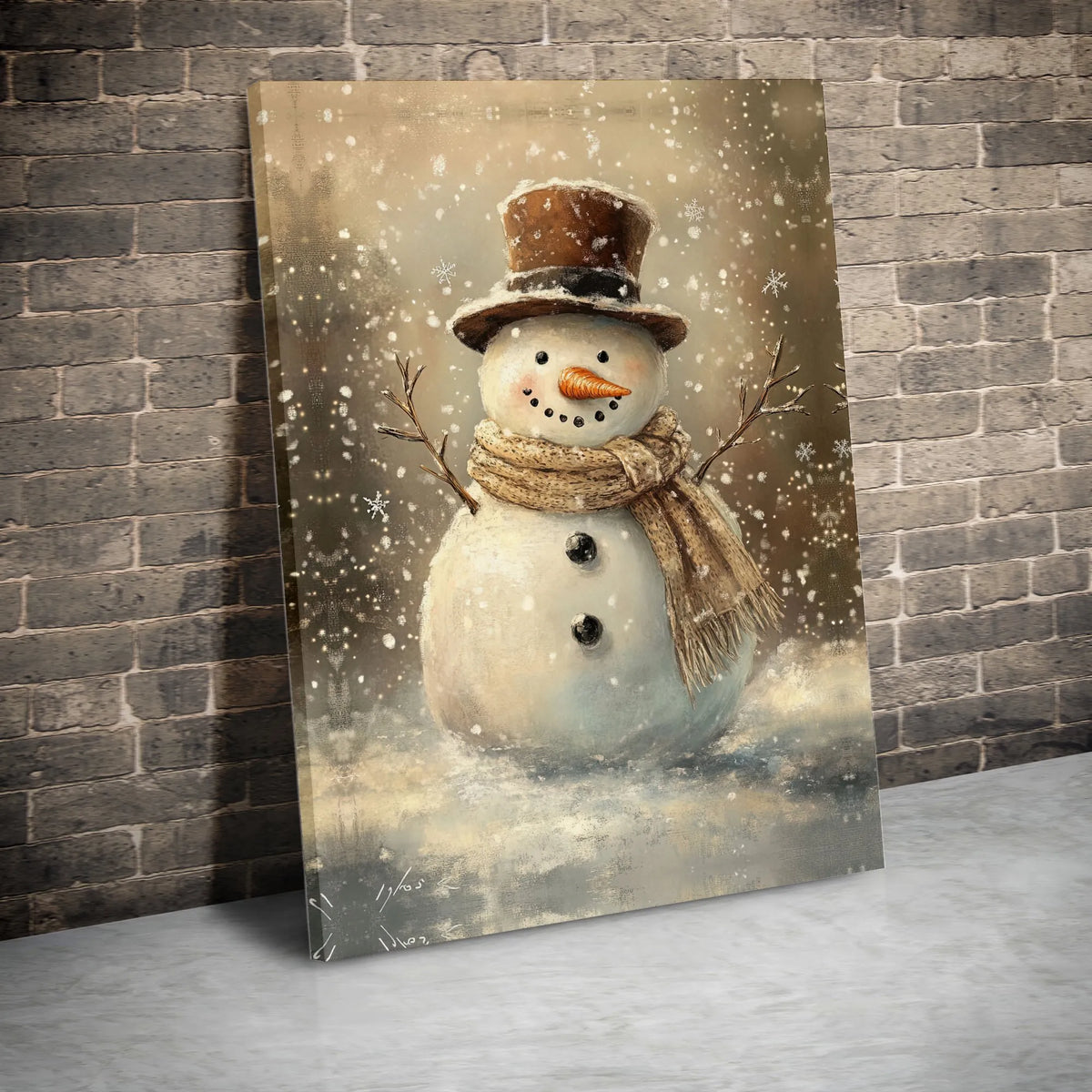 Winter Holiday Painting Canvas Print, Vintage Snowman Canvas Wall Art, Christmas Snowman with Top Hat Wall Decor, Rustic Holi