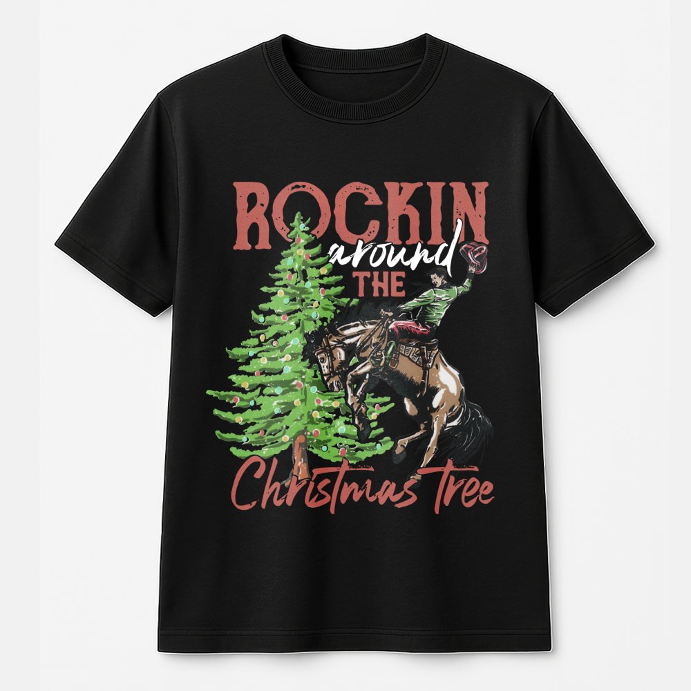 Western Cowboy Christmas T-Shirt, Rocking Horse Christmas Tree Shirt, Ranch Holiday Graphic Tee, Country Christmas Shirt, Hor