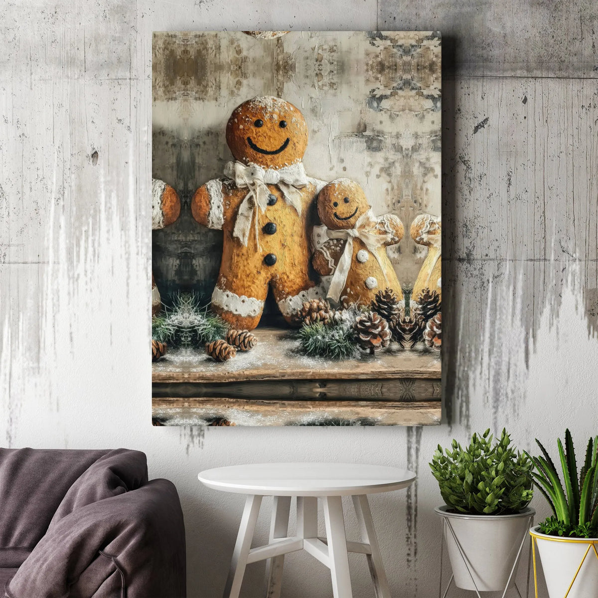 Rustic Christmas Gingerbread Canvas, Gingerbread Family Canvas Wall Art, Comfy Farmhouse Holiday Wall Decor, Winter Festive C