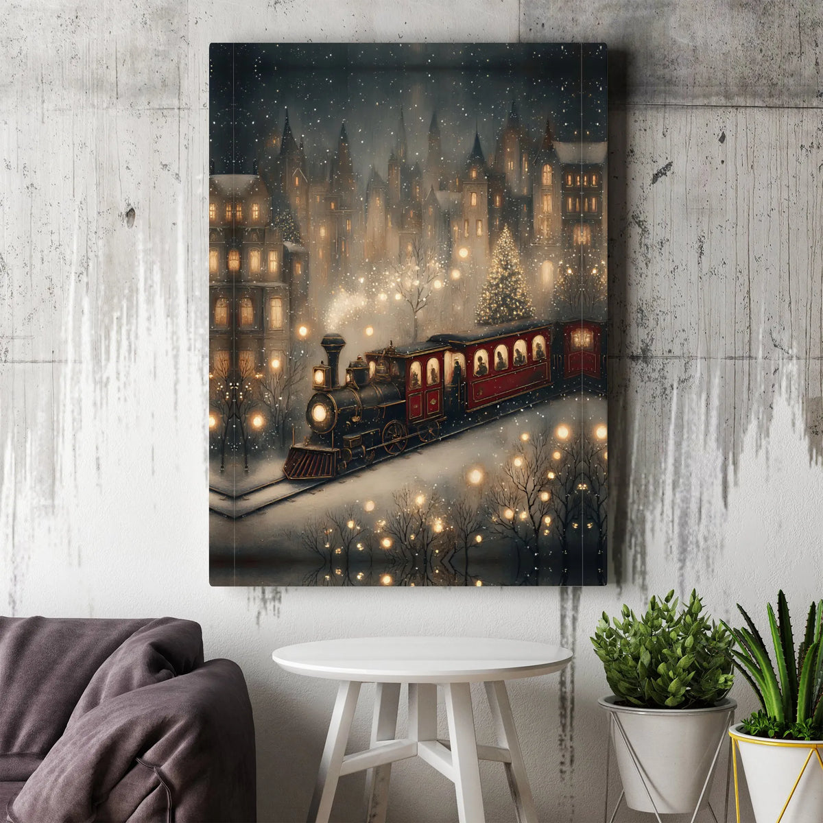 Snowy Village Winter Scene Canvas Print, Christmas Steam Train Canvas Wall Art, Festive Holiday Canvas Art, Vintage Xmas Home