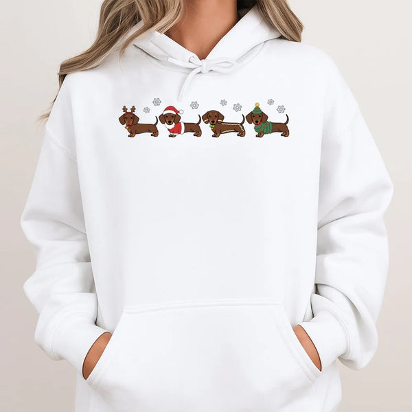 Festive Wiener Dog Hoodie, Christmas Dachshund Hoodie, Adorable Dachshund Christmas Sweatshirt, Dog Lover Holiday Pullover, X