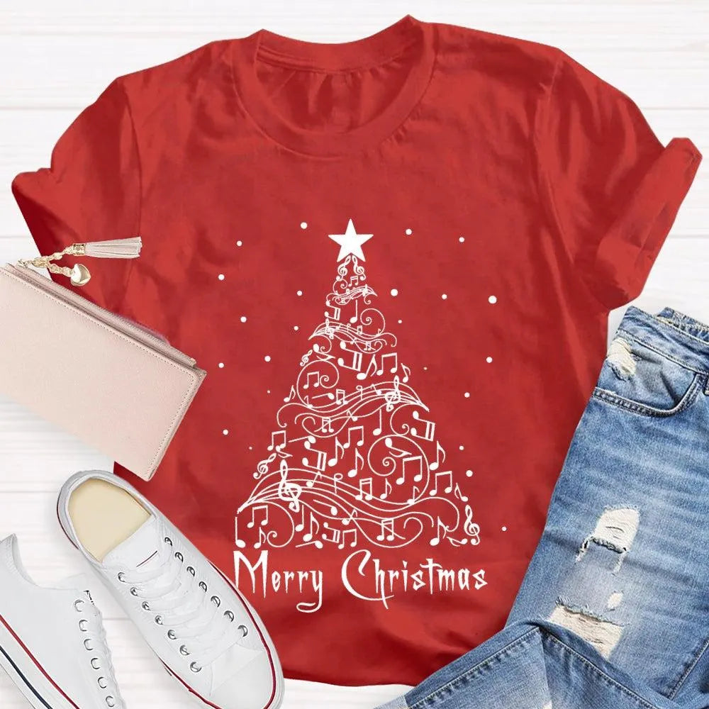 Sheet Music Holiday Tree T-Shirt, Music Teacher Christmas Shirt, Musical Notes Graphic Tee, Choir Director Christmas Present 