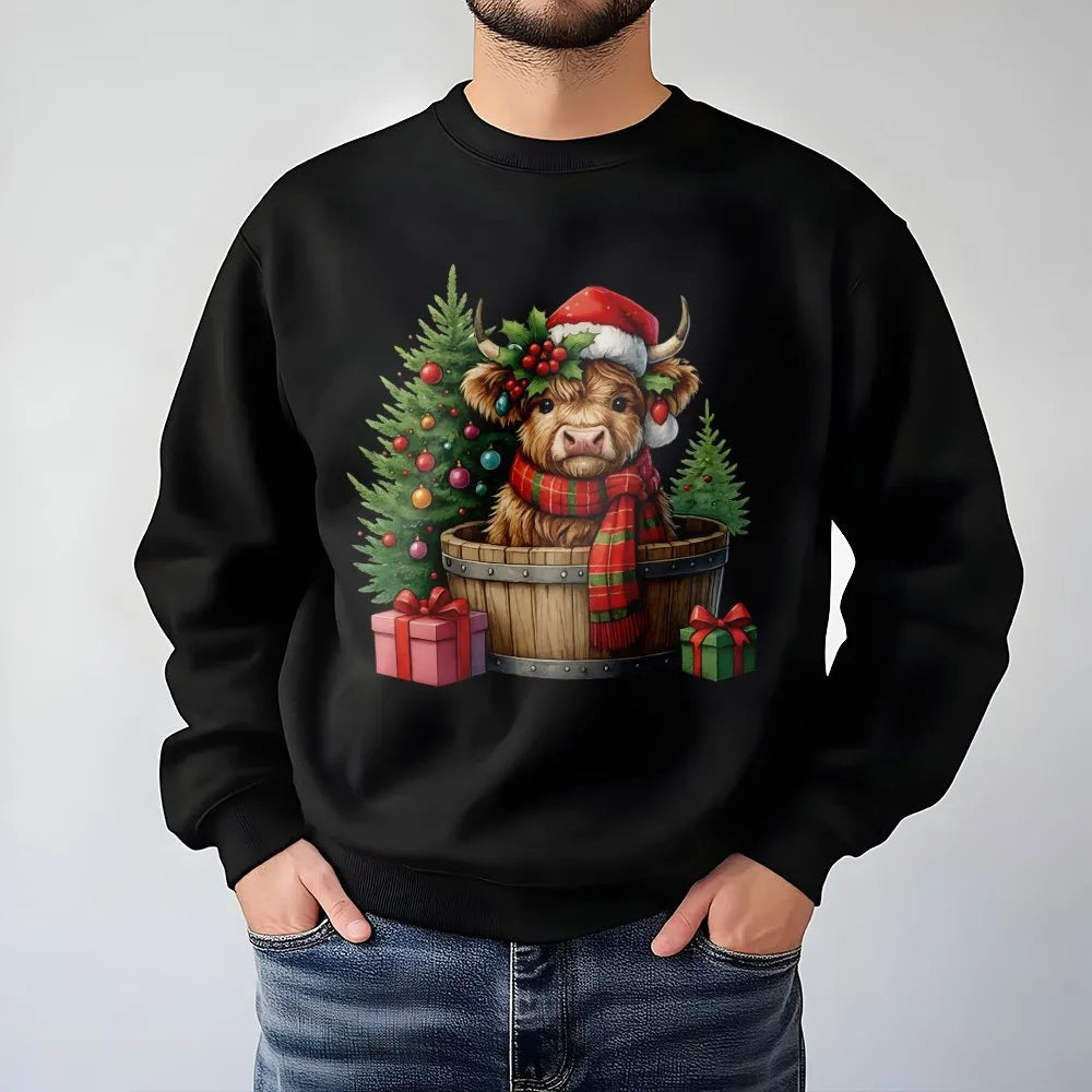 Santa Hat Cow Sweatshirt, Christmas Highland Cow Sweatshirt, Adorable Xmas Cow Crewneck, Festive Holiday Animal Sweater, Wint