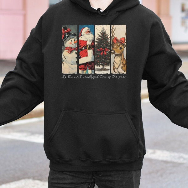 Retro Santa Reindeer Snowman Hoodie, Vintage Christmas Hoodie, Coquette Bow Xmas Sweatshirt, Holiday Graphic Hoodie, Winter C