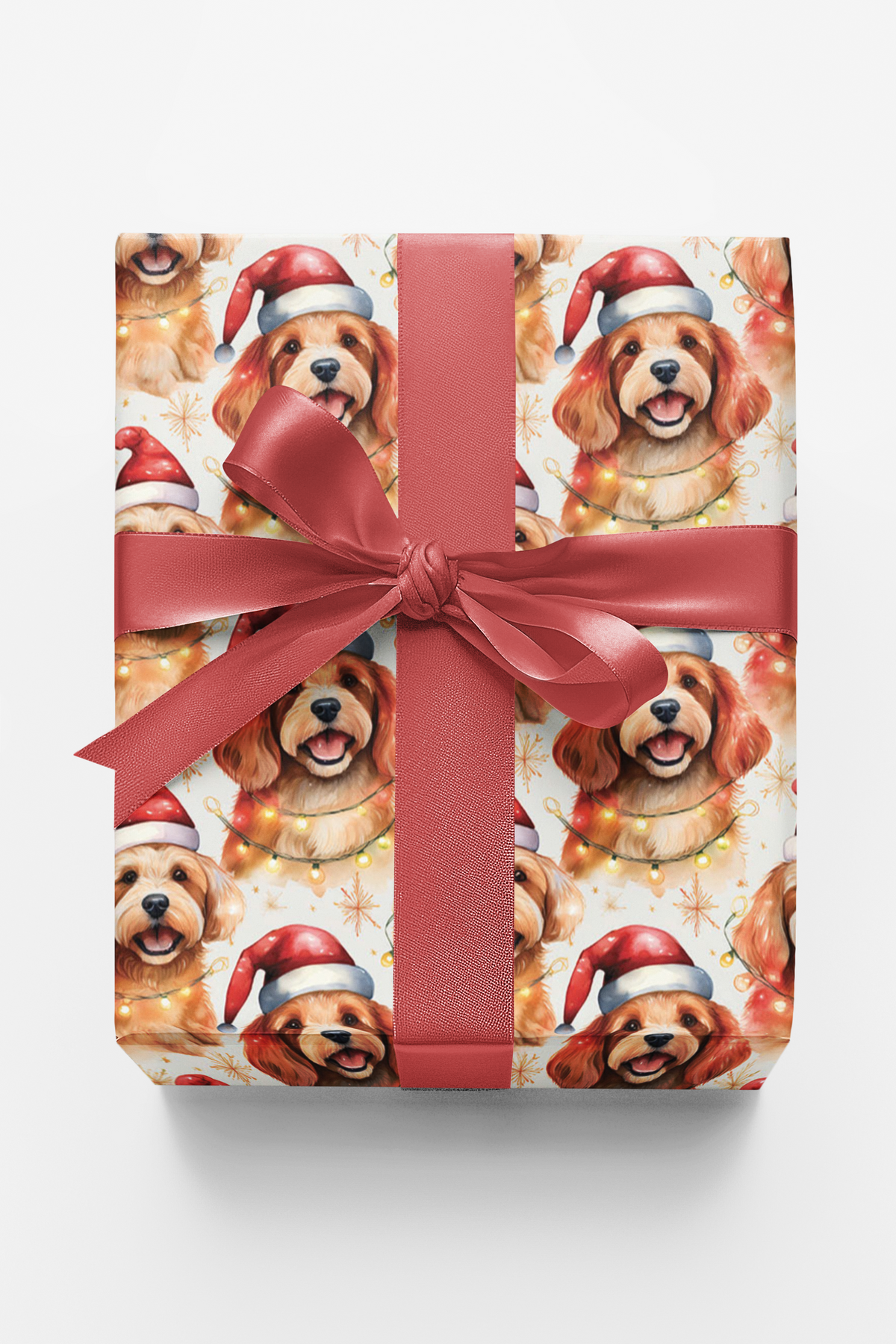 Santa Hat Dog Holiday Gift Wrap, Cavapoo Christmas Wrapping Paper, Twinkling Cavapoo Wrapping Paper, Festive Puppy Gift Wrap 