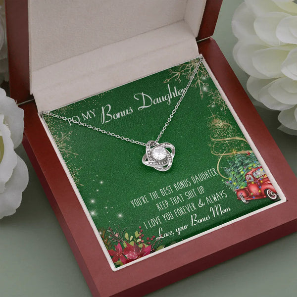 14k White Gold Over Steel Love Knot Pendant Necklace, Bonus Daughter Christmas Necklace, Holiday Jewelry Present from Bonus M
