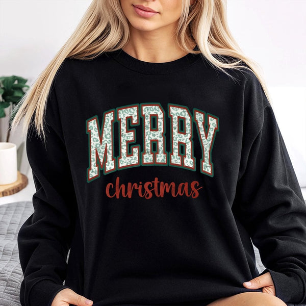 Leopard Print Christmas Sweater, Merry Christmas Sweatshirt, Retro Xmas Tree Crewneck Pullover, Festive Holiday Present for H