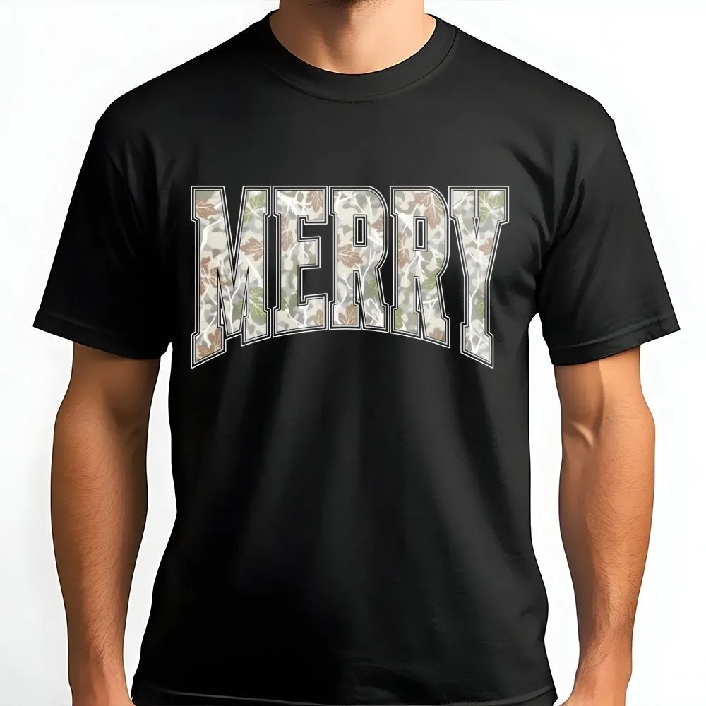 Varsity Leaf Camouflage Holiday Shirt, Merry Christmas Camo T-Shirt, Festive Xmas Graphic Tee, Camo Christmas T-Shirt, Holida