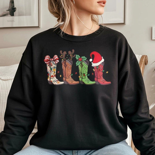 Western Holiday Crewneck, Cowboy Boot Christmas Sweatshirt, Adorable Cowgirl Xmas Sweatshirt, Retro Country Winter Pullover, 