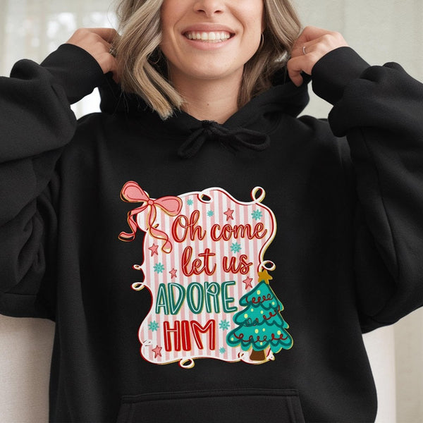 Coquette Bow Christmas Tree Sweatshirt, O Come Let Us Adore Him Hoodie, Christian Hymn Religious Pullover, Festive Holiday Ho