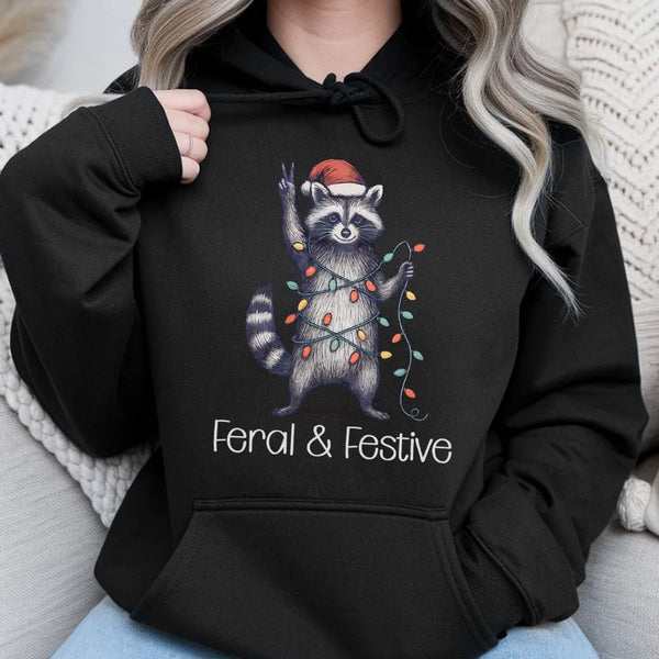 Humorous Christmas Animal Graphic Sweatshirt, Feral and Festive Raccoon Hoodie, Adorable Trash Panda Holiday Pullover, Retro 