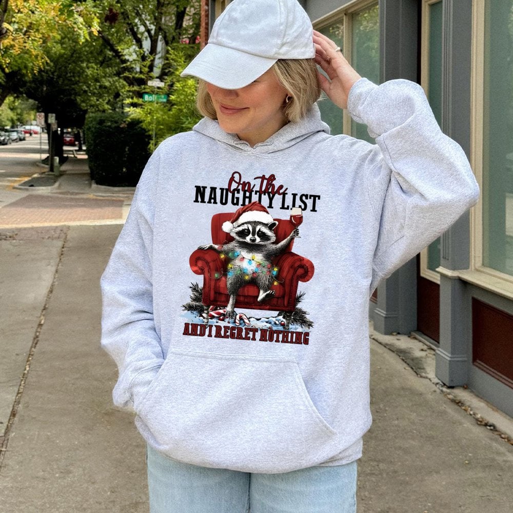 Naughty List Raccoon Hoodie, I Regret Nothing Raccoon Christmas Hoodie, Humorous Animal Holiday Graphic Sweatshirt, Adorable 