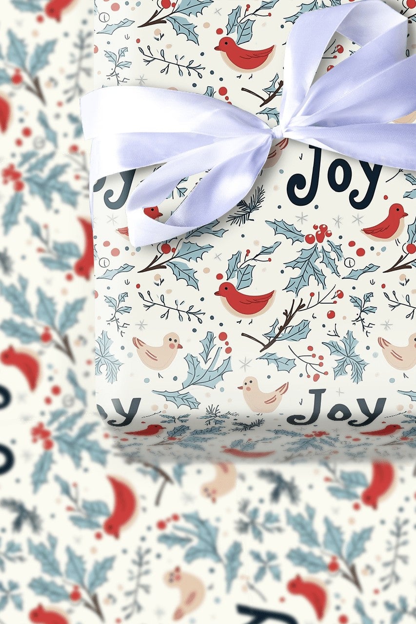 Festive Holly Berry Gift Wrap, Winter Bird Joy Christmas Wrapping Paper, Botanical Xmas Wrapping Paper