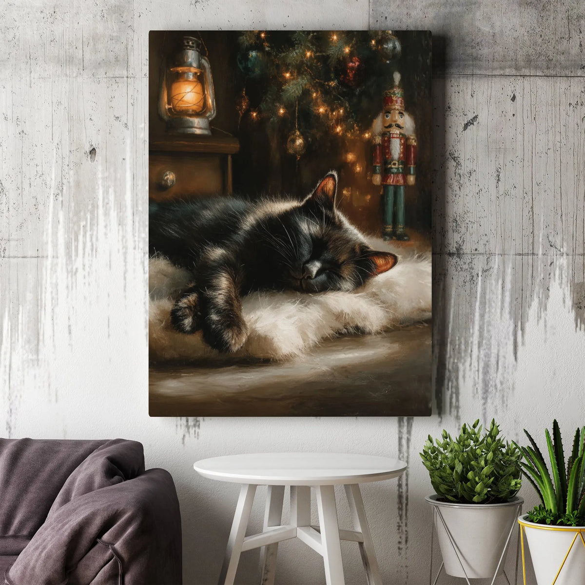Christmas Tree Nutcracker Canvas Print, Sleeping Black Cat Canvas Wall Art, Holiday Cat Canvas Decor, Comfy Winter Wall Art, 