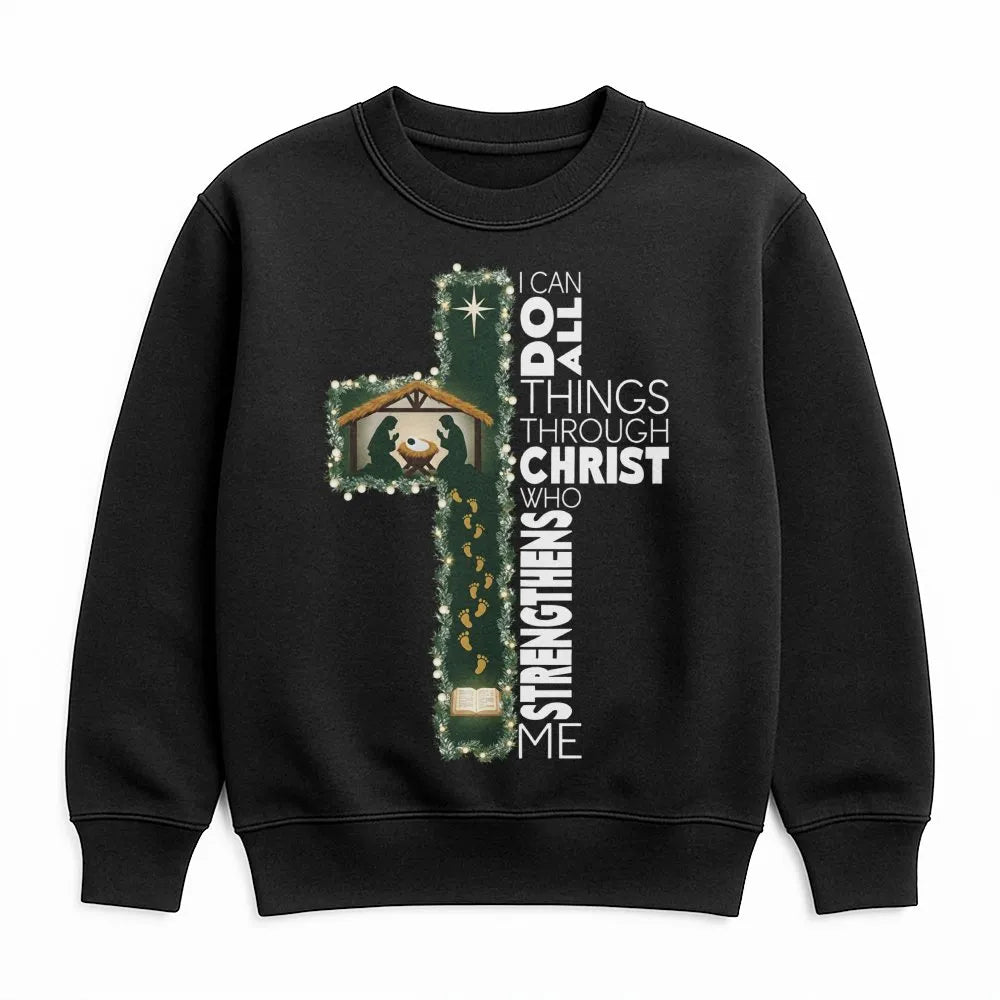 Nativity Cross Sweatshirt, I Can Do All Things Through Christ Sweatshirt, Christian Bible Verse Crewneck, Faith Christmas Swe