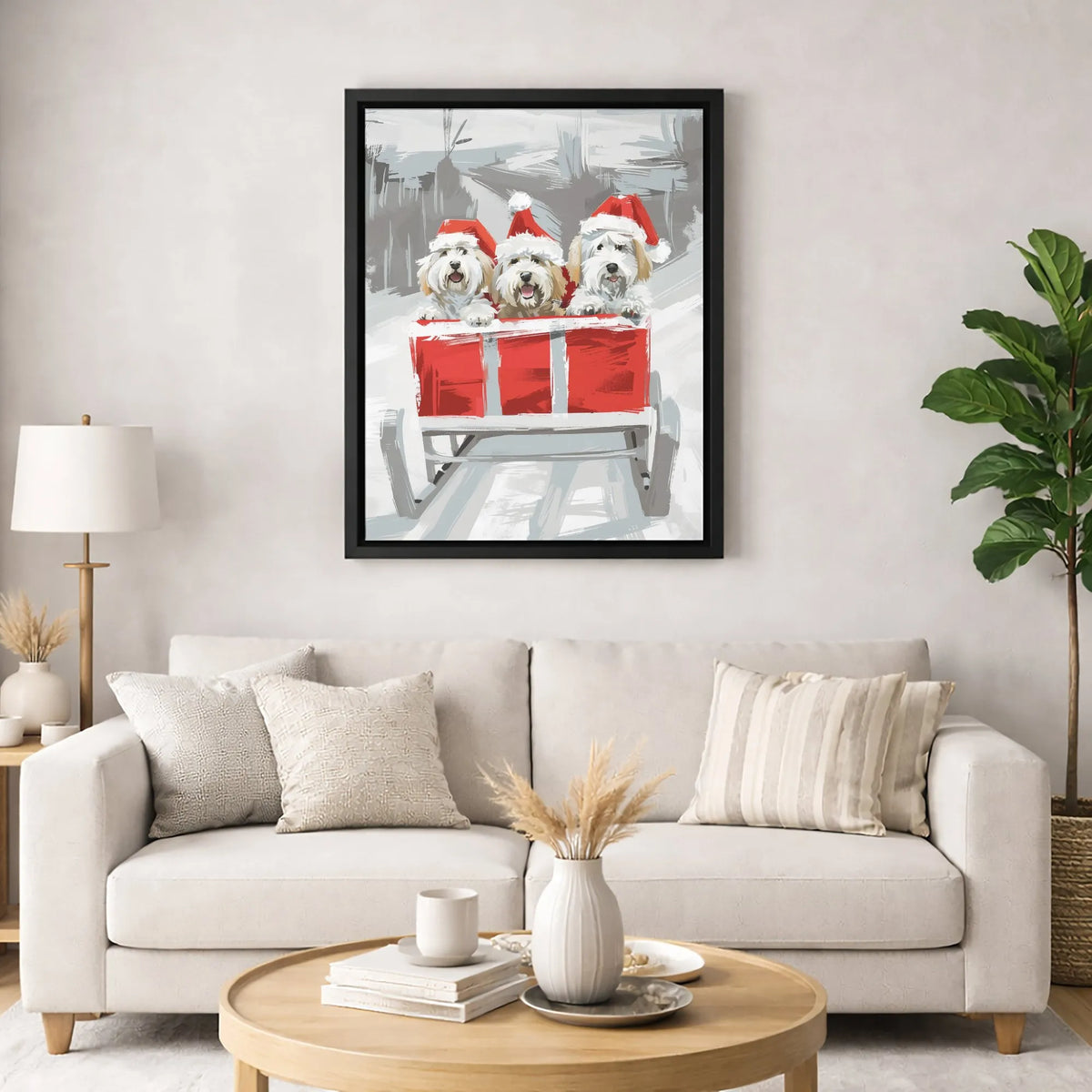 Adorable Dogs in Santa Hats Wall Art, Christmas Dogs Sleigh Canvas Print, Festive Winter Holiday Poster, Puppy Lover Digital 