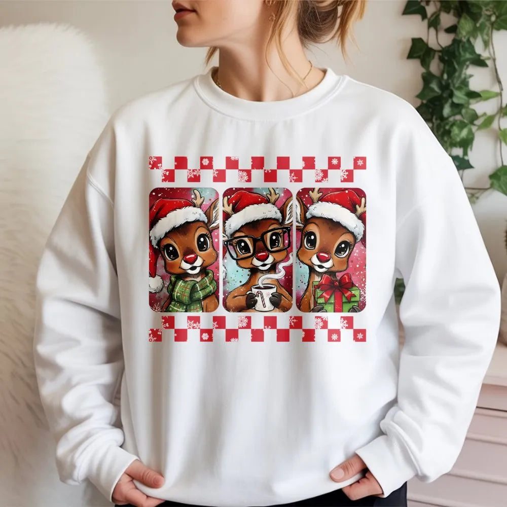 Checkered Holiday Reindeer Sweater, Retro Christmas Reindeer Sweatshirt, Adorable Xmas Crewneck, Festive Reindeer Pullover, T