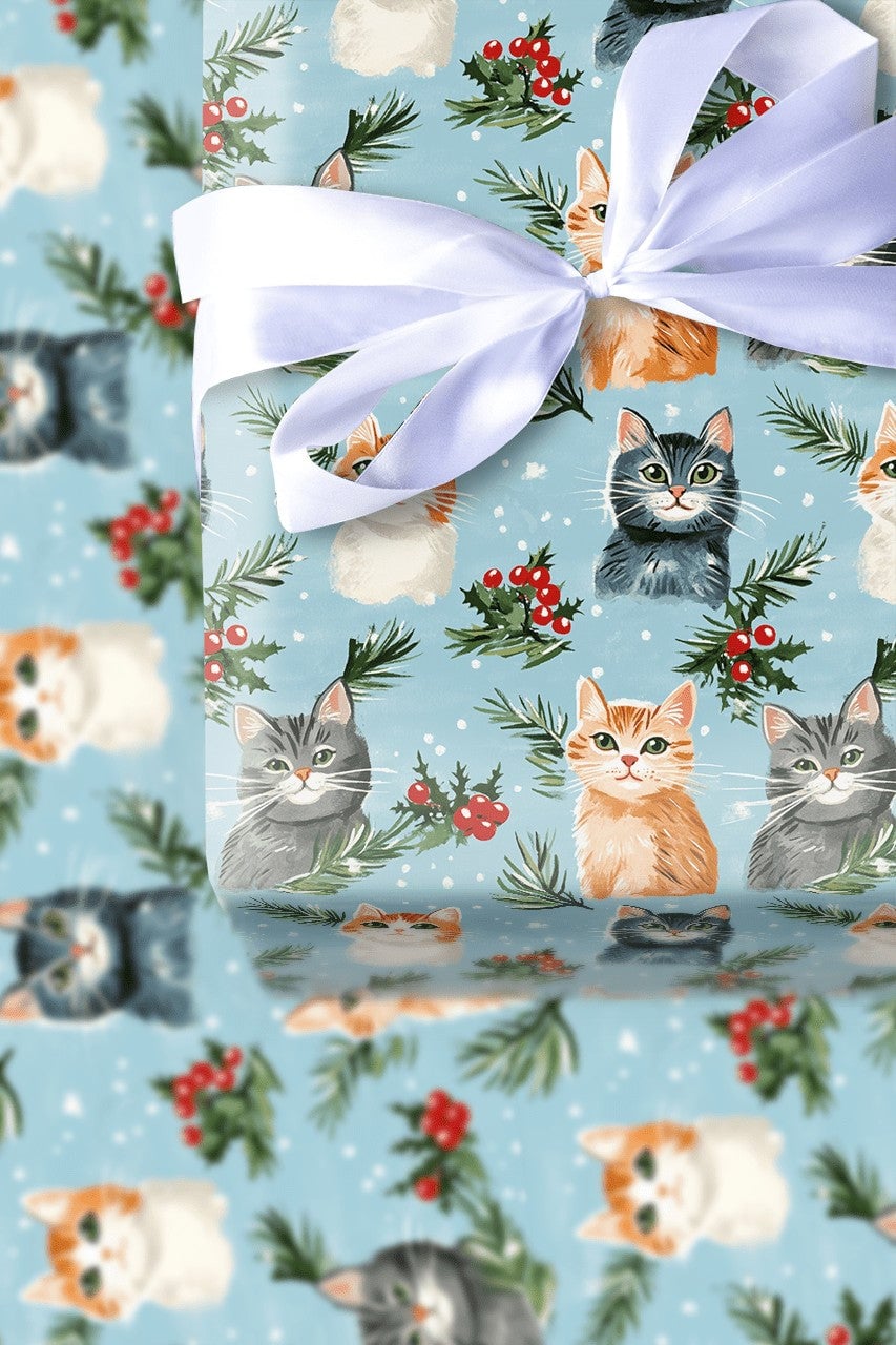 Adorable Kitten Holiday Gift Wrap, Christmas Cat Wrapping Paper, Festive Winter Cat Lover Wrapping Paper, Holly Pine Pet Love