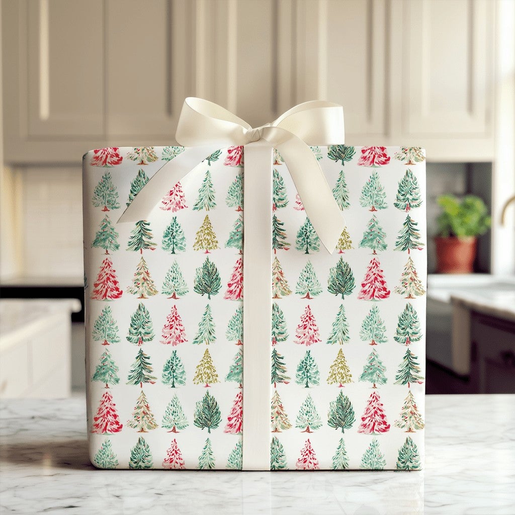 Pine Holiday Gift Wrap Paper, Watercolor Christmas Tree Wrapping Paper, Red Green Gold Gift Wrap Roll, Festive Present Wrappi