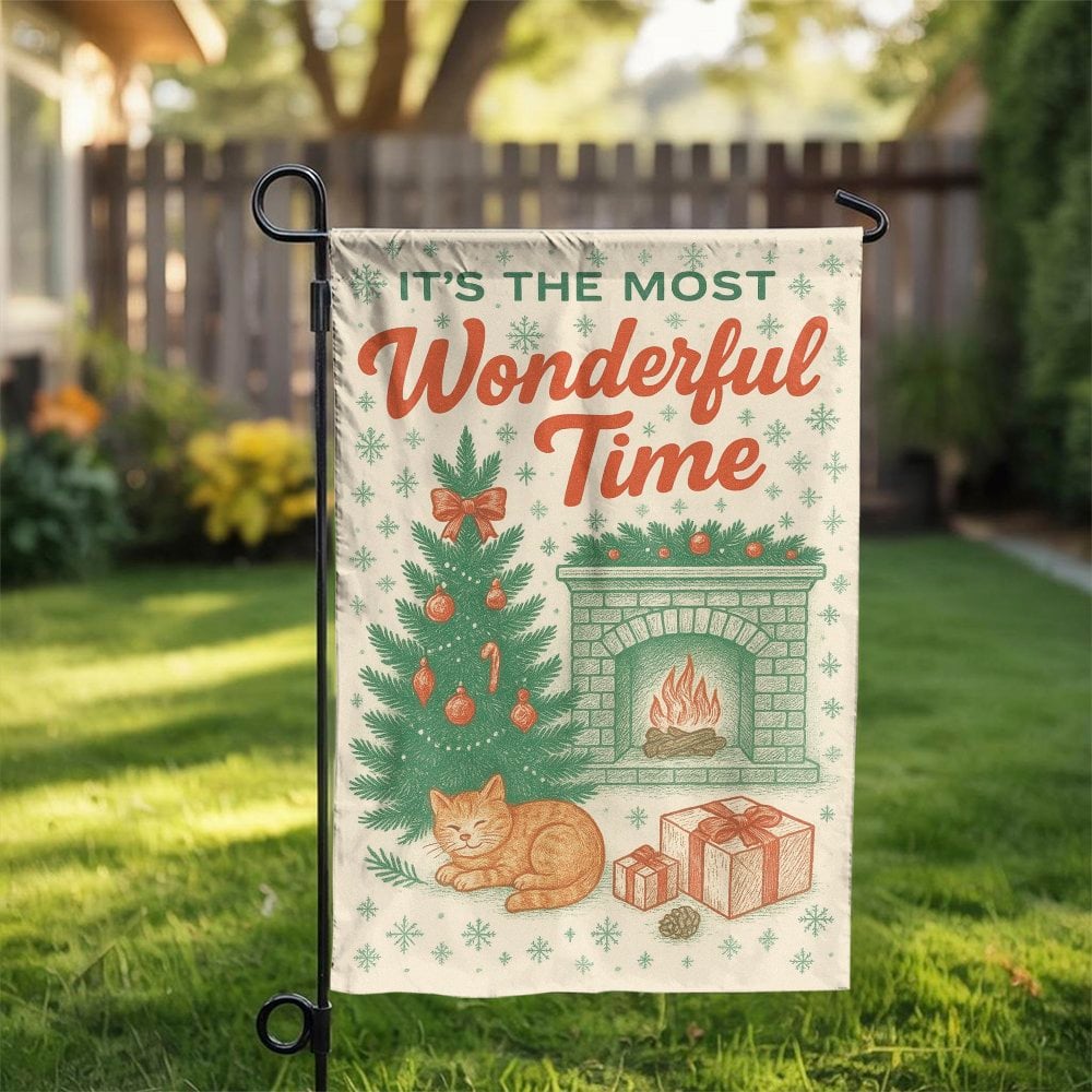 Comfy Holiday Cat Yard Flag, Cat by Fireplace Christmas Garden Flag, Winter Kitten Garden Flag, Festive Lawn Banner, Pet Love