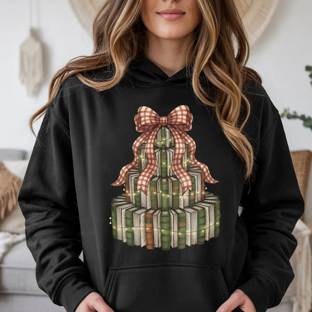 Festive Library Stack Hoodie, Christmas Book Tree Hoodie, Bookish Holiday Graphic Sweatshirt, Reader Teacher Pullover Hoodie 