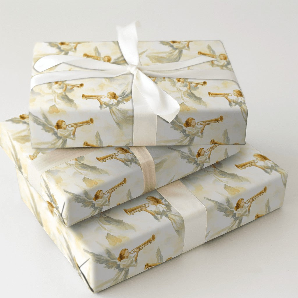 Golden Trumpet Angels Gift Wrap, Watercolor Angel Wrapping Paper, Religious Spiritual Wrapping Paper, Christmas Baptism Prese