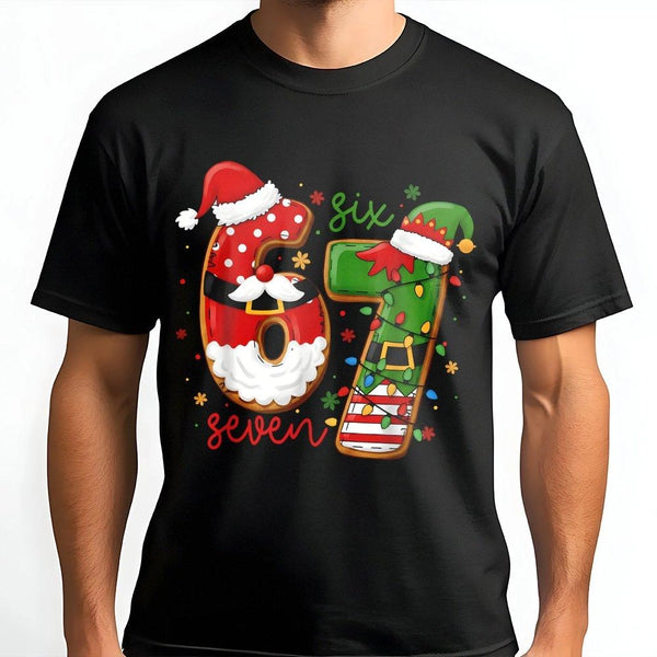Humorous Santa and Elf Graphic Tee, Christmas Number 67 T-Shirt, Retro Holiday 67 Shirt, Xmas Birthday Party Tee for Him Her