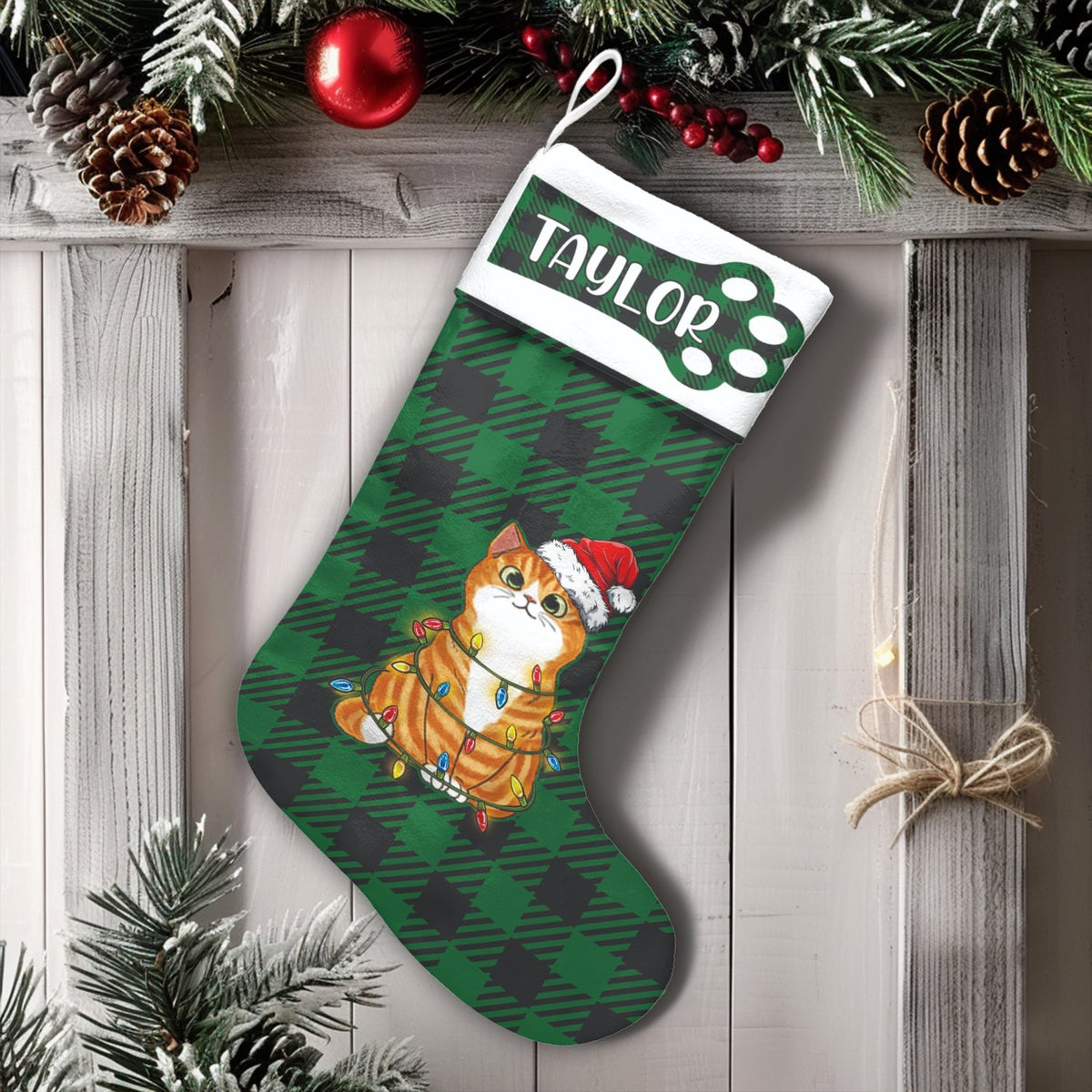 Ginger Kitty Santa Hat Stocking, Personalized Cat Christmas Stocking, Custom Holiday Christmas Stocking, Xmas Decor Present f