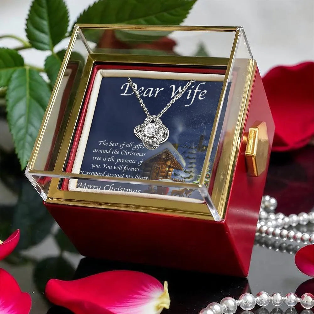 Christmas Present Knot Pendant Necklace, Wife Love Knot Necklace, Rotating Rose Gift Box Jewelry, Romantic CZ Holiday Keepsak