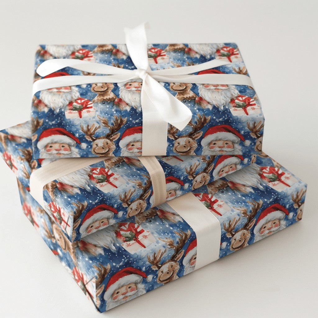 Festive Christmas Gift Wrap, Watercolor Santa and Reindeer Wrapping Paper, Holiday Present Paper, Xmas Gift Wrap Supplies