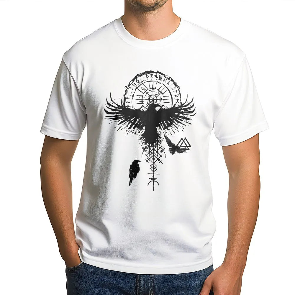 Viking Raven T-Shirt | Vegvisir Norse Compass & Runes Graphic | Premium Cotton Tee | Mythology Fan Gift