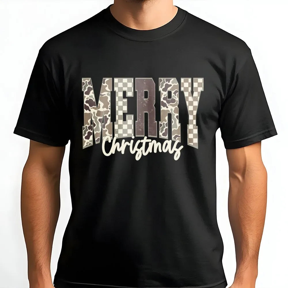Distressed Camouflage Shirt, Merry Christmas Camo T-Shirt, Rustic Hunting Graphic Tee, Holiday Outdoorsman T-Shirt, Hunter Ch
