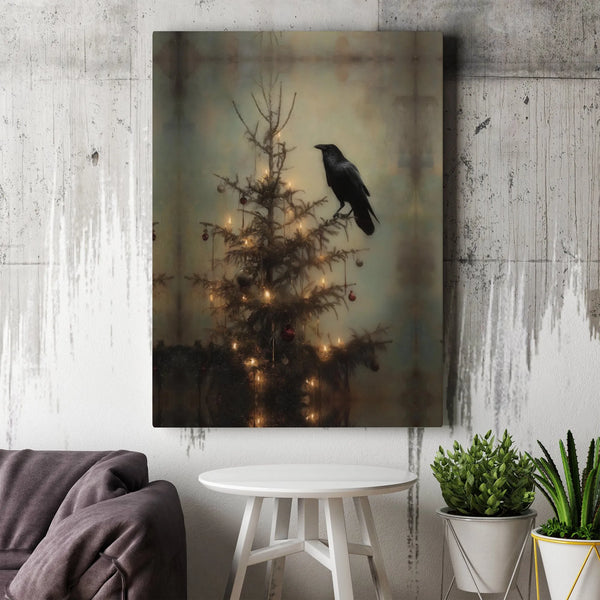 Dark Academia Holiday Wall Decor, Gothic Raven Christmas Tree Canvas Art, Spooky Victorian Christmas Canvas Print, Moody Wint