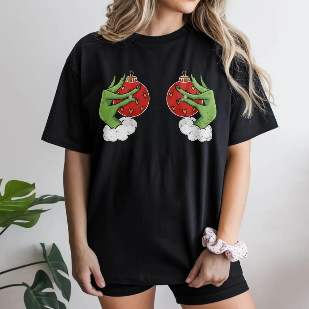 Stealing Ornament Graphic Tee, Green Monster Hand Christmas T-Shirt, Sarcastic Holiday Who Stole Xmas Shirt, Festive Movie Vi